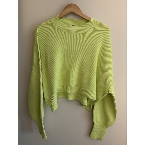 Free People Festival Pier Ribbed Knit Cropped Sweater Neon Green Oversized Small - Picture 1 of 12
